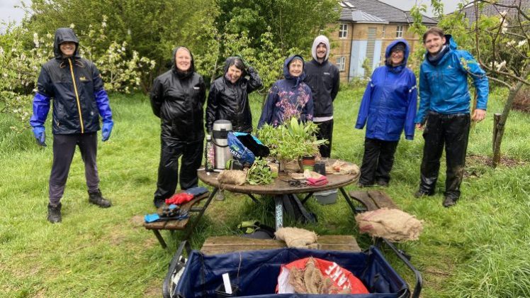Hollingdean Community Orchard Forest Garden Pond planting, May Bank Holiday 2024 Growing Hollingdean volunteers gathered with Froglife for pond planting