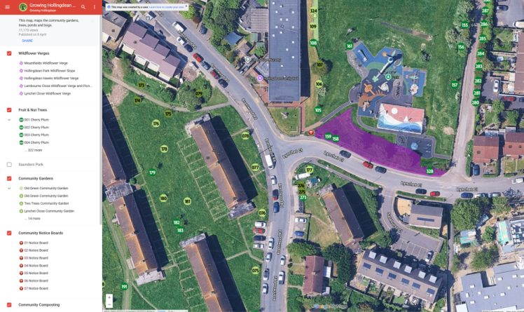 Growing Hollingdean Tree Map, wildflower map, Community Garden Map in Brighton, 2025